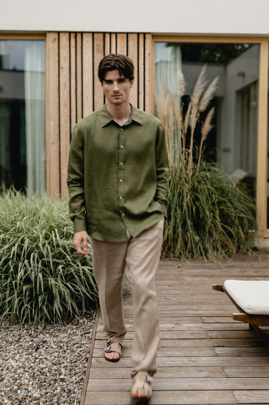 Outfit by Patrik | Linen pants & Shirt with collar Moss green