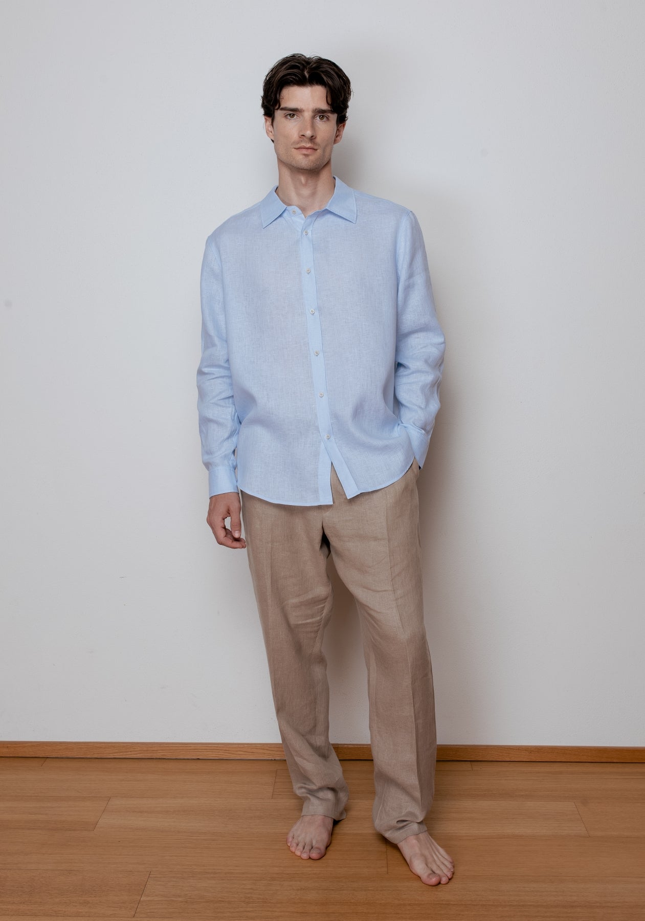 Pánská lněná košile s límečkem - Light blue