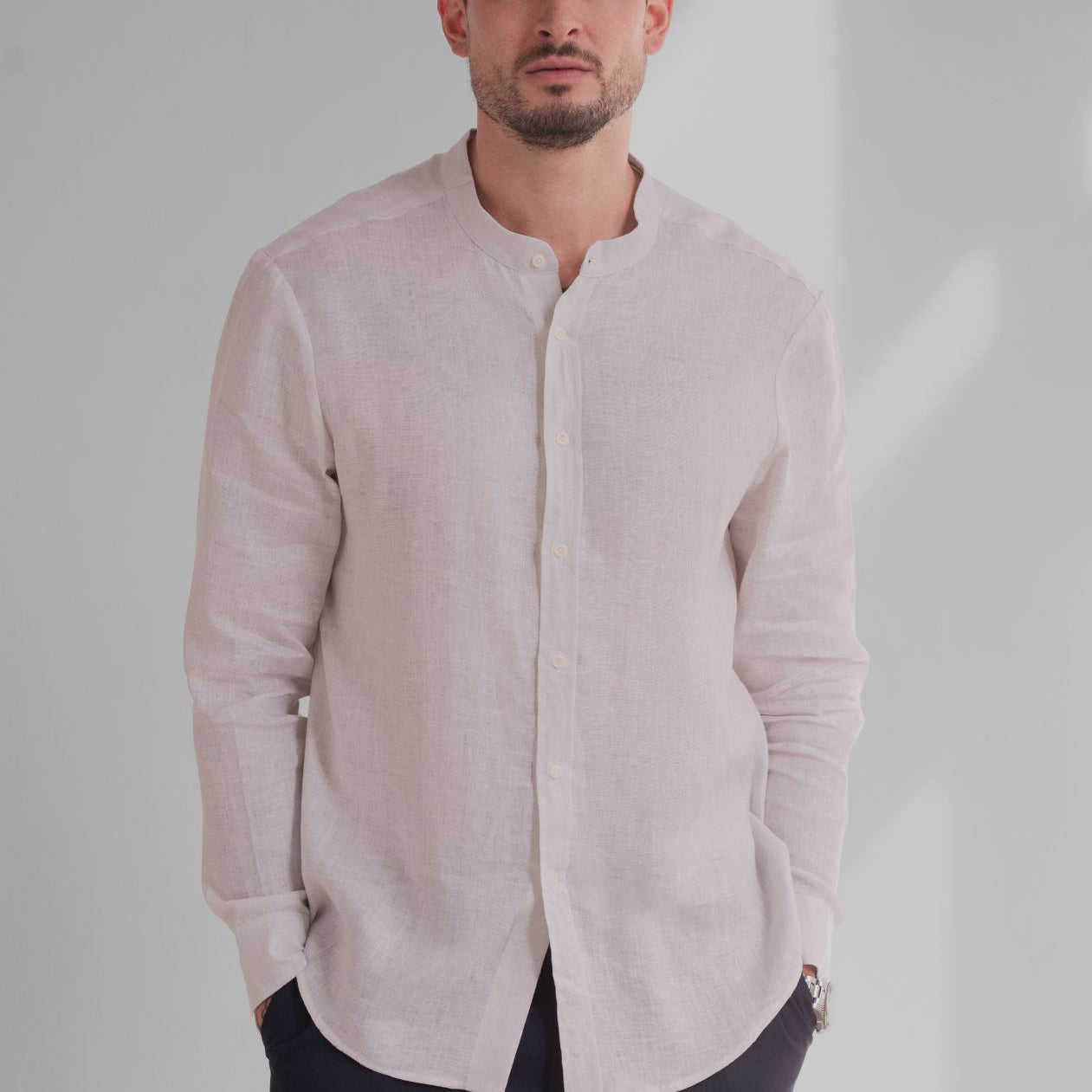 Men linen shirt without collar - regular fit