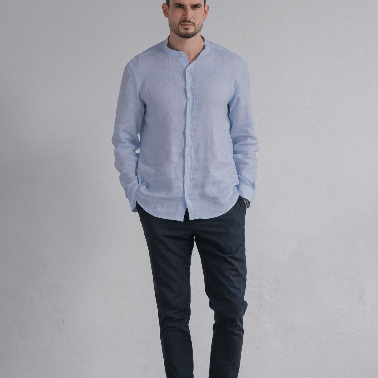 Men linen shirt without collar - regular fit