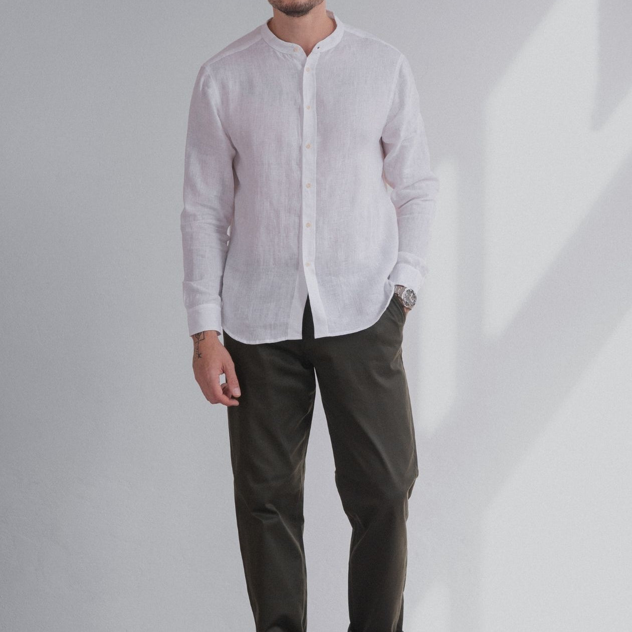 Men linen shirt without collar - regular fit