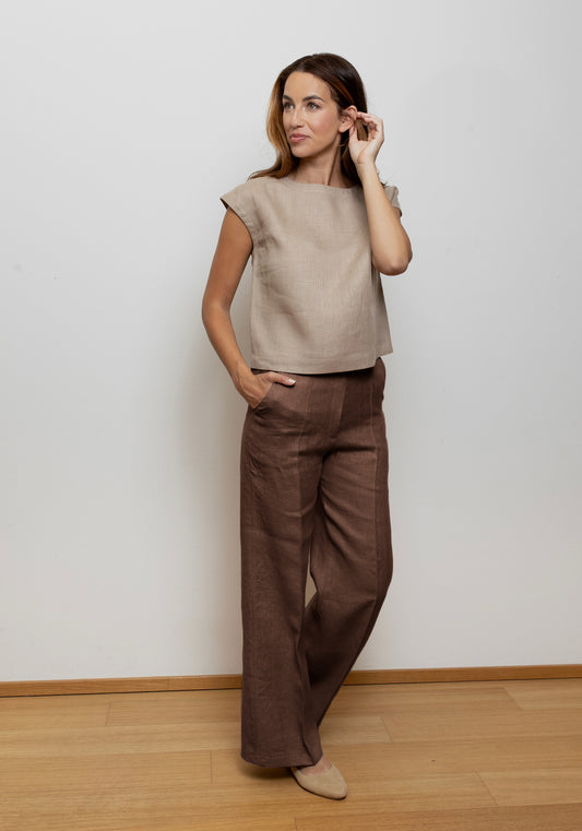 Dámske ľanové nohavice wide - Brown
