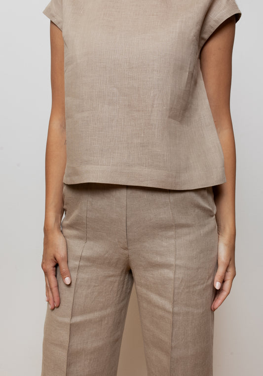 Damska regularna lniana koszulka T-shirt - Beżowy Naturalny
