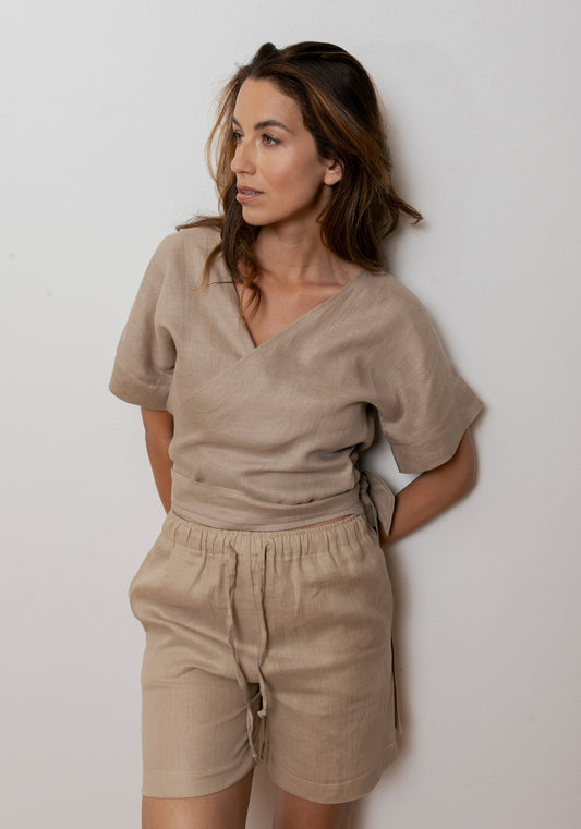 Dámský lněný zavinovací top regular - Beige Natural