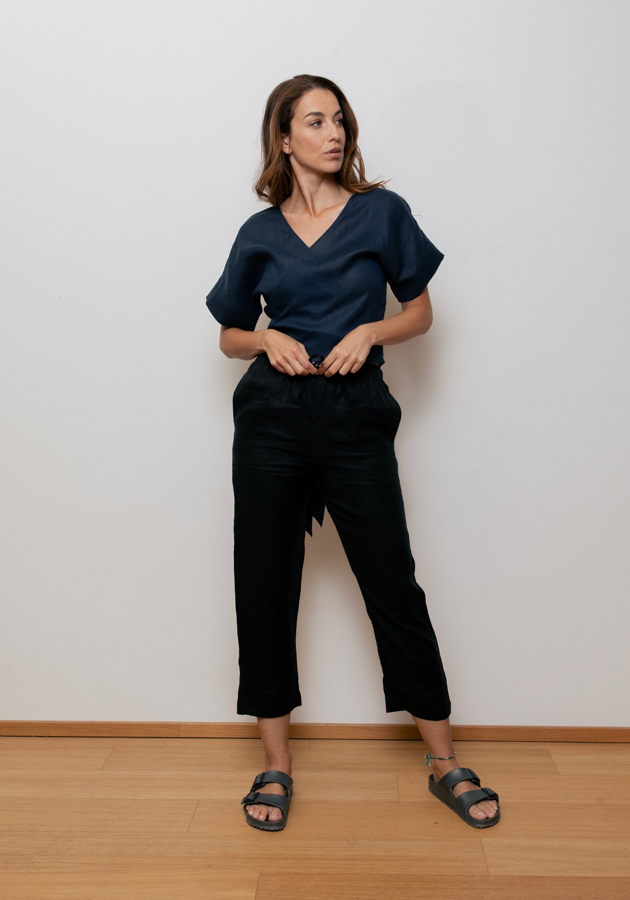 Dámsky ľanový zavinovací top regular - Deep blue