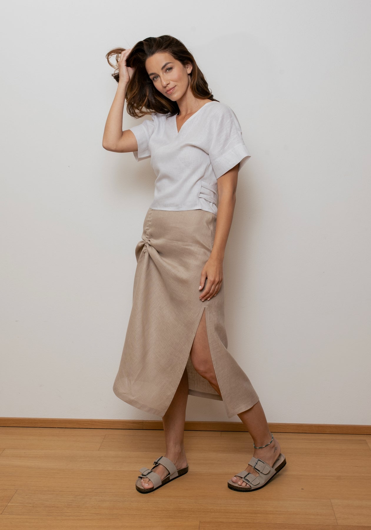 Women's linen wrap top regular - Pearl gray