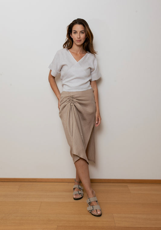 Damski lniany top kopertowy regular - Pearl gray