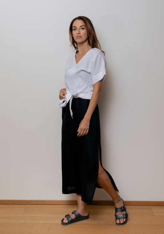 Damski lniany top kopertowy regular - White