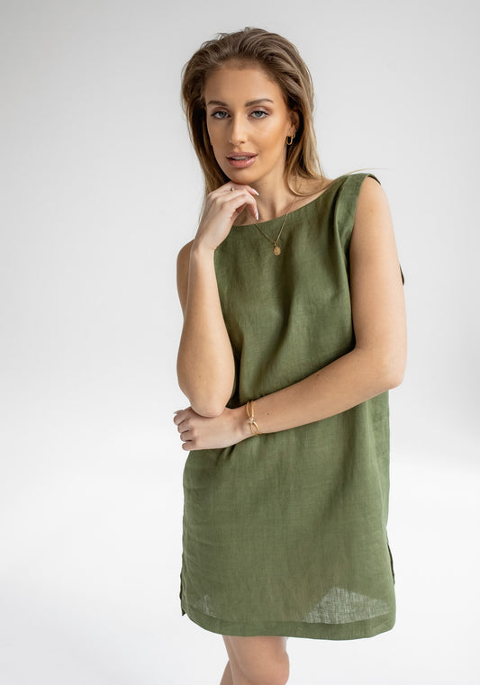 Dámské lněné šaty short regular fit Moss green