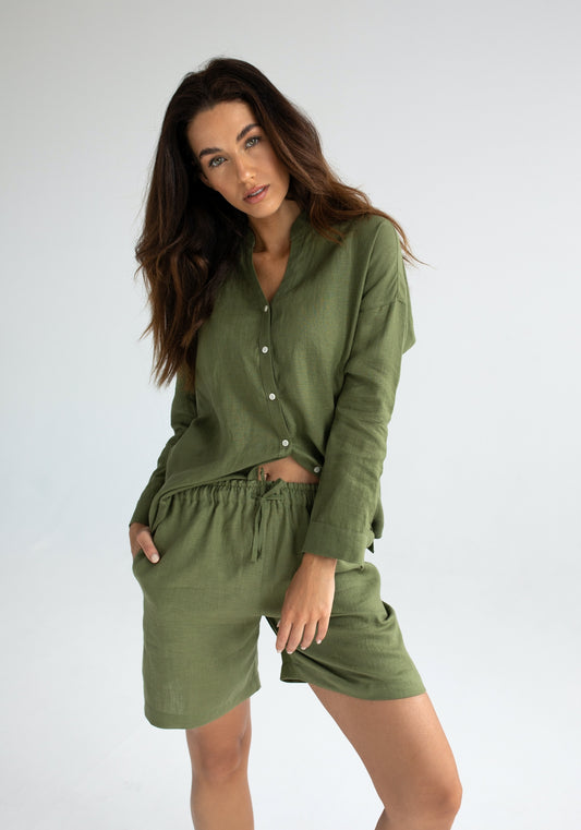 Women linen shorts Moss green
