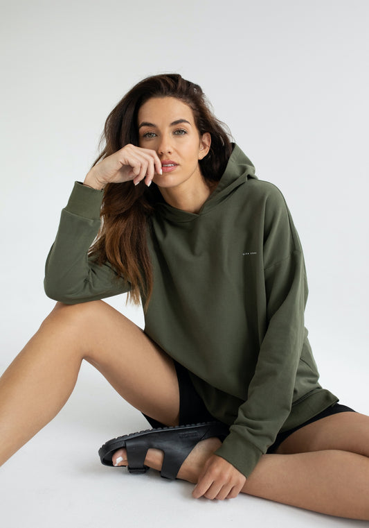 Dámská mikina s kapucí z biobavlny Moss green brushed - Oversized