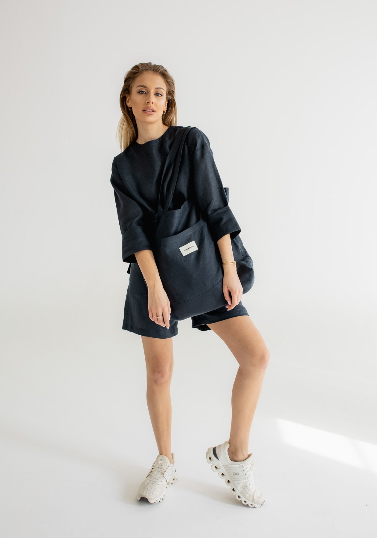 Women's linen top open back Deep blue