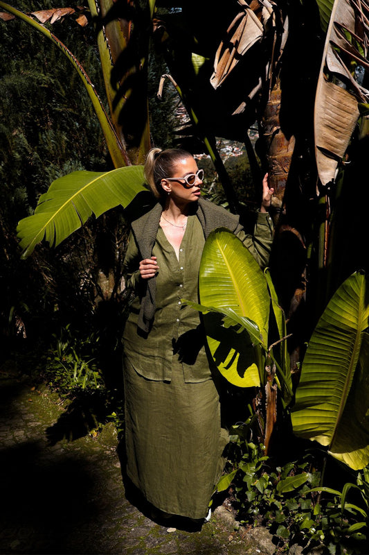Outfit by Daniela All Moss green Linen dress & shirt