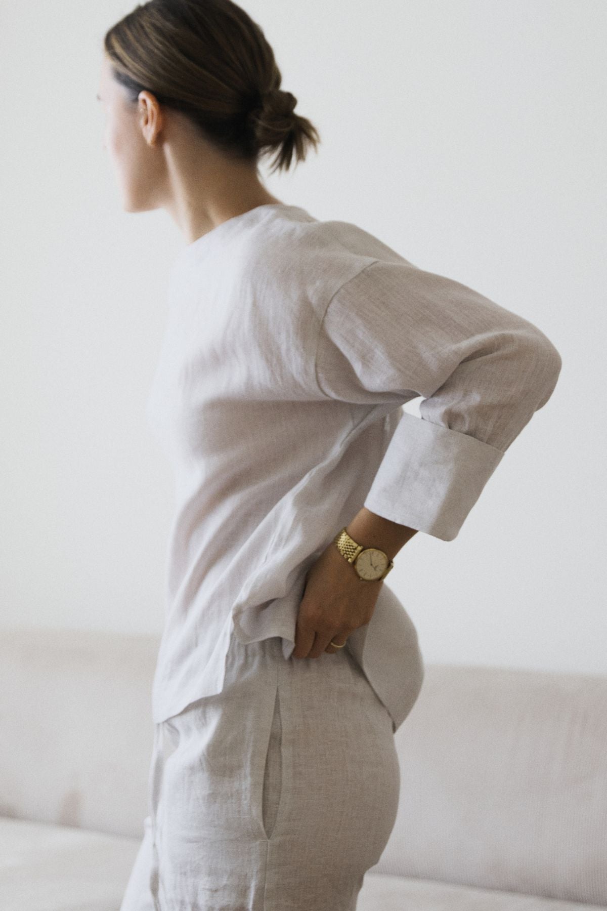 Outfit by Maria Hason | All Linen Pearl Gray Pants & Open back top