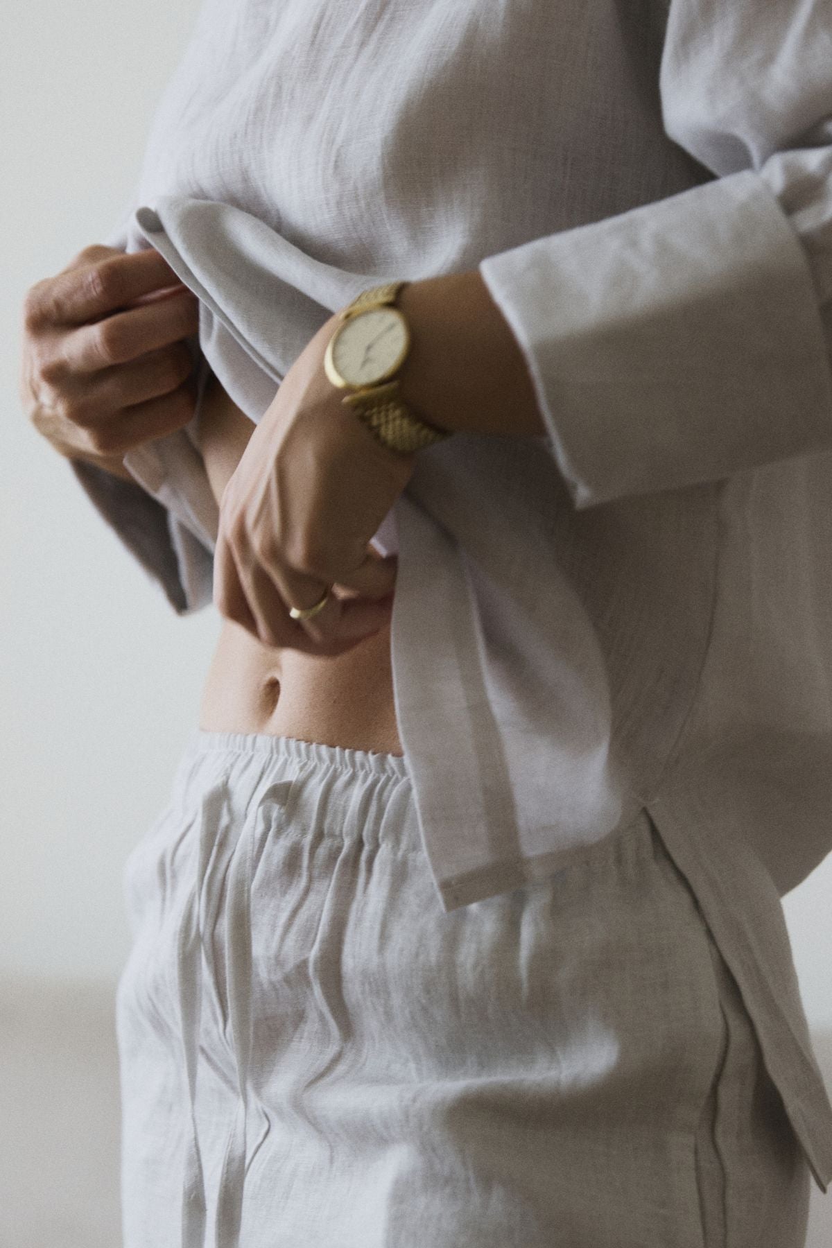 Outfit by Maria Hason | All Linen Pearl Gray Pants & Open back top