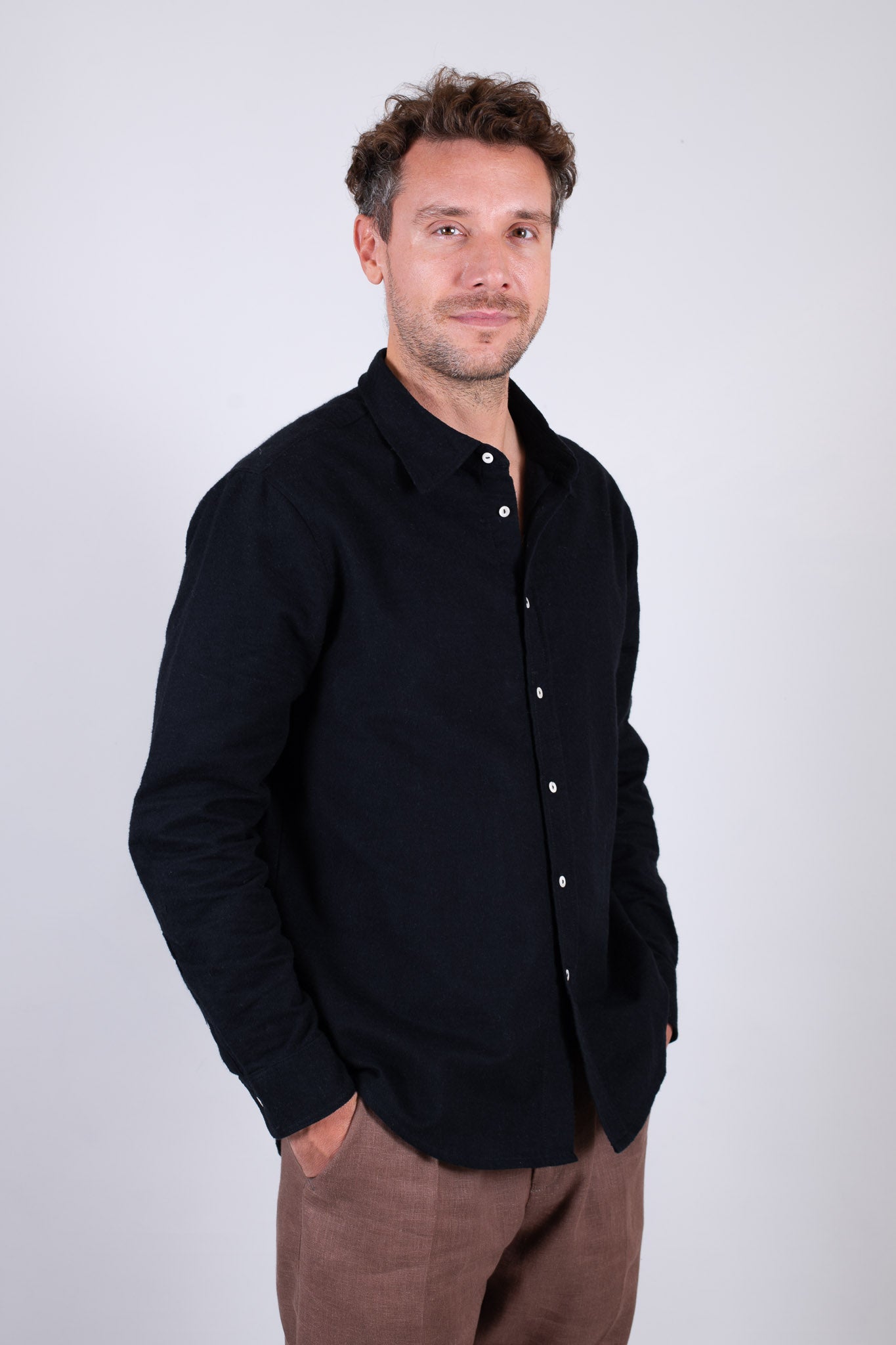 Men's flannel shirt with collar - Black