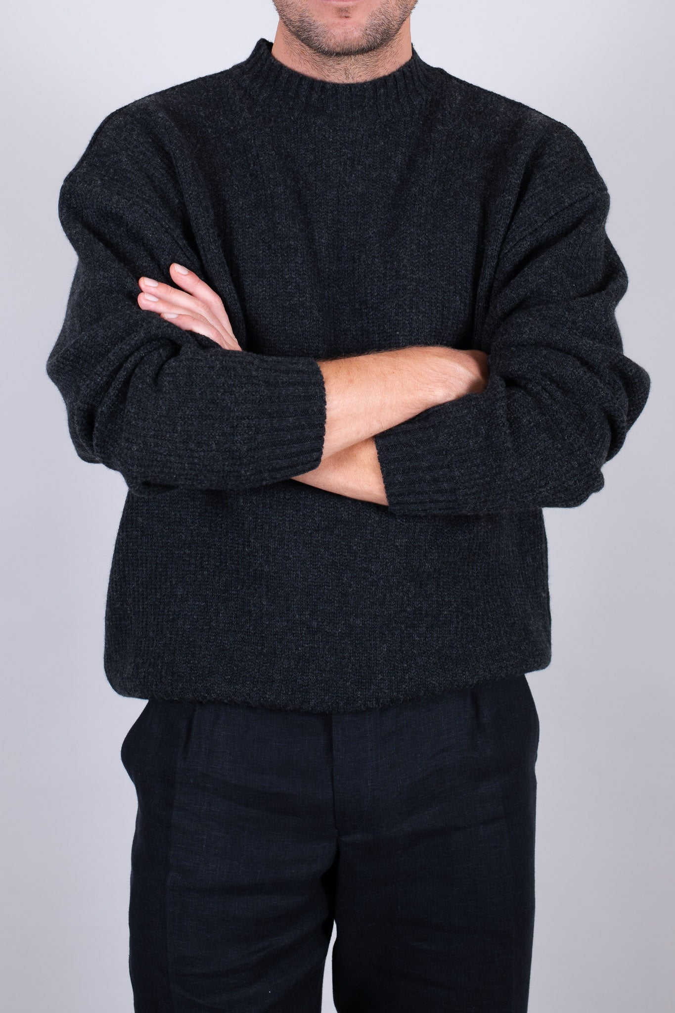 Men’s Knitted Wool Sweater Loose Fit – Dark Gray