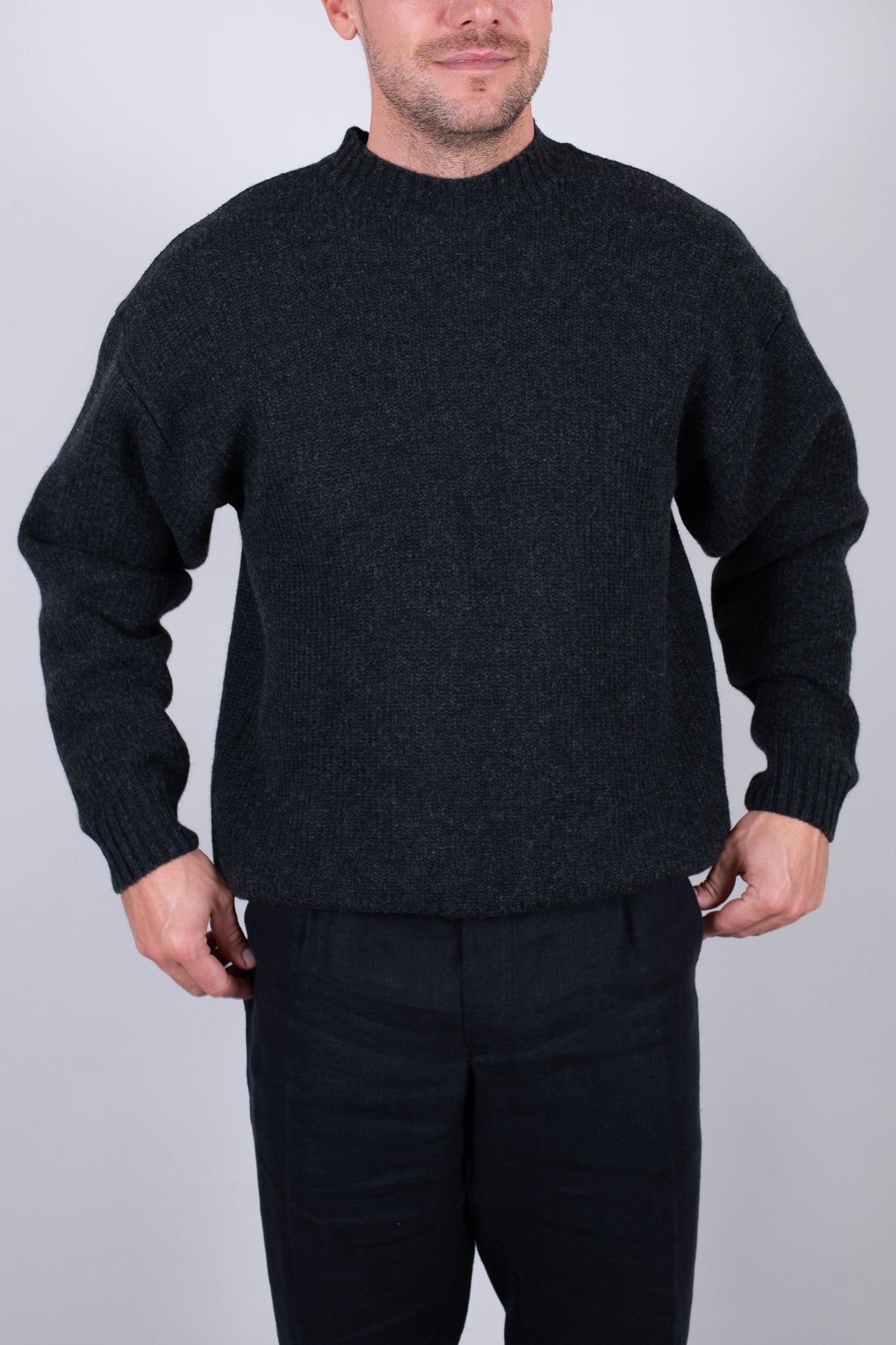 Men’s Knitted Wool Sweater Loose Fit – Dark Gray