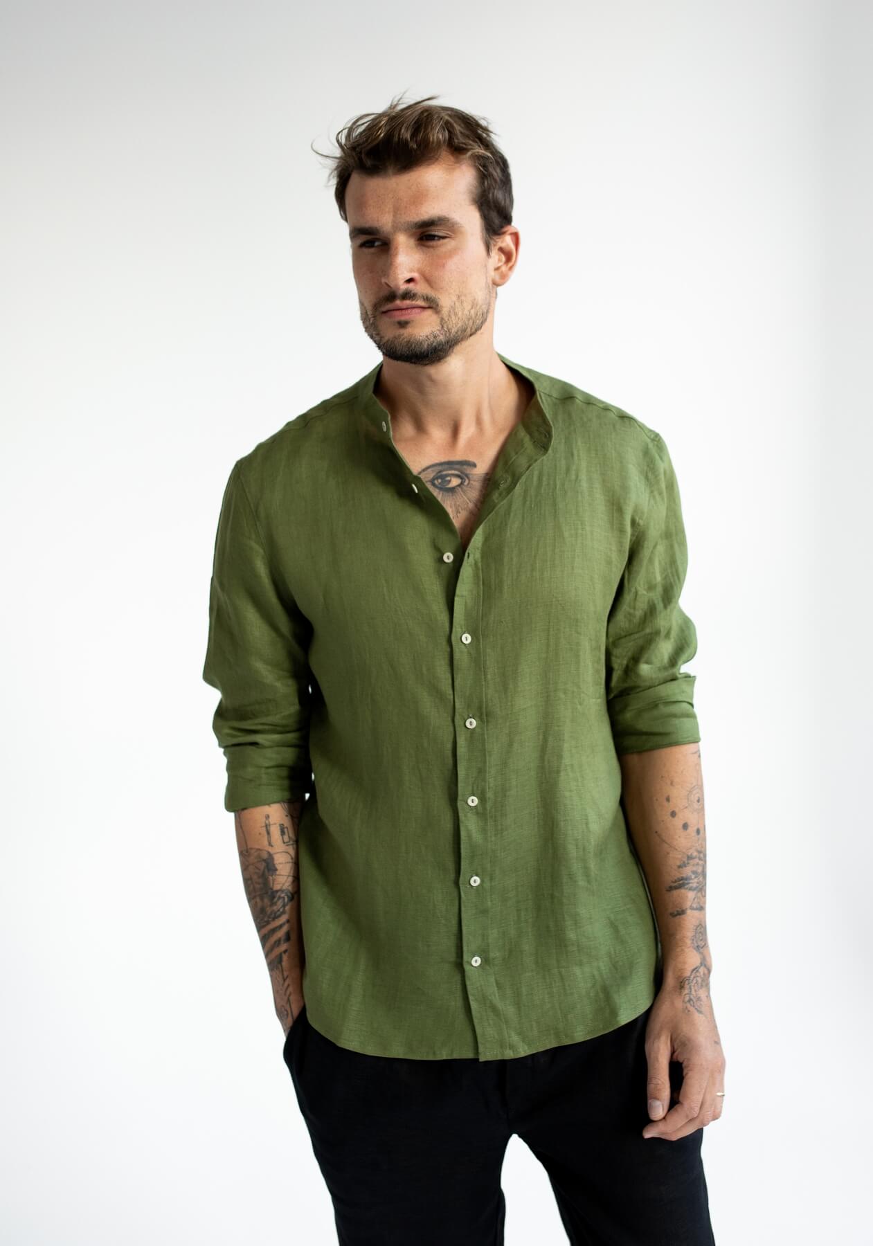 Men linen shirt Moss green