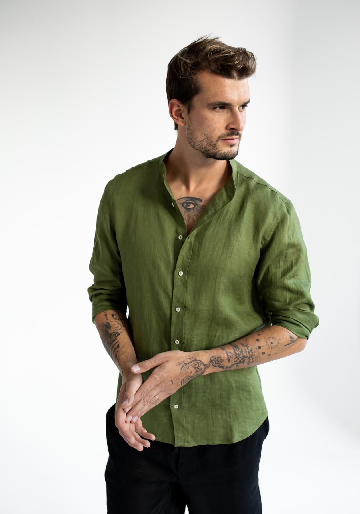 Men linen shirt Moss green
