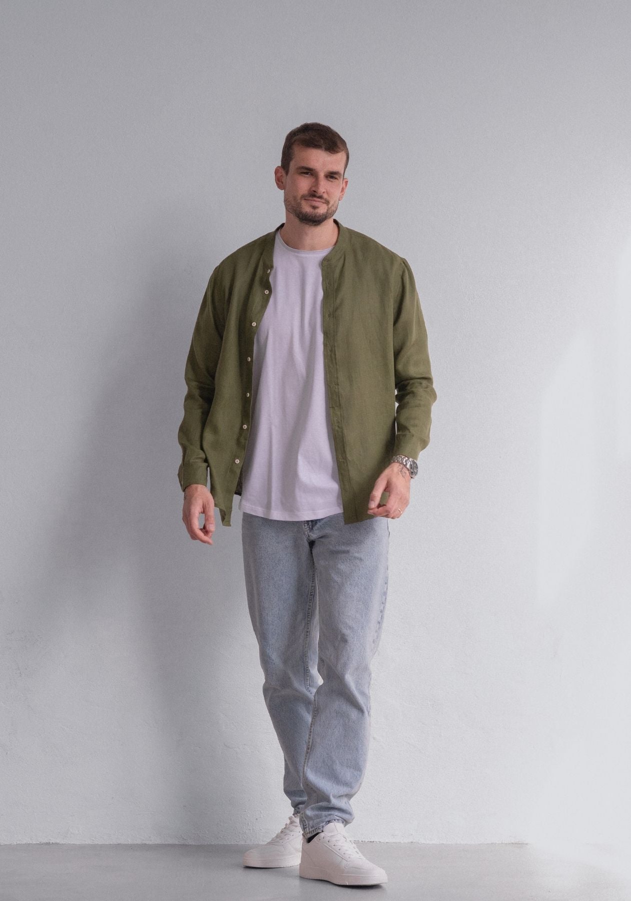 Men linen shirt Moss green