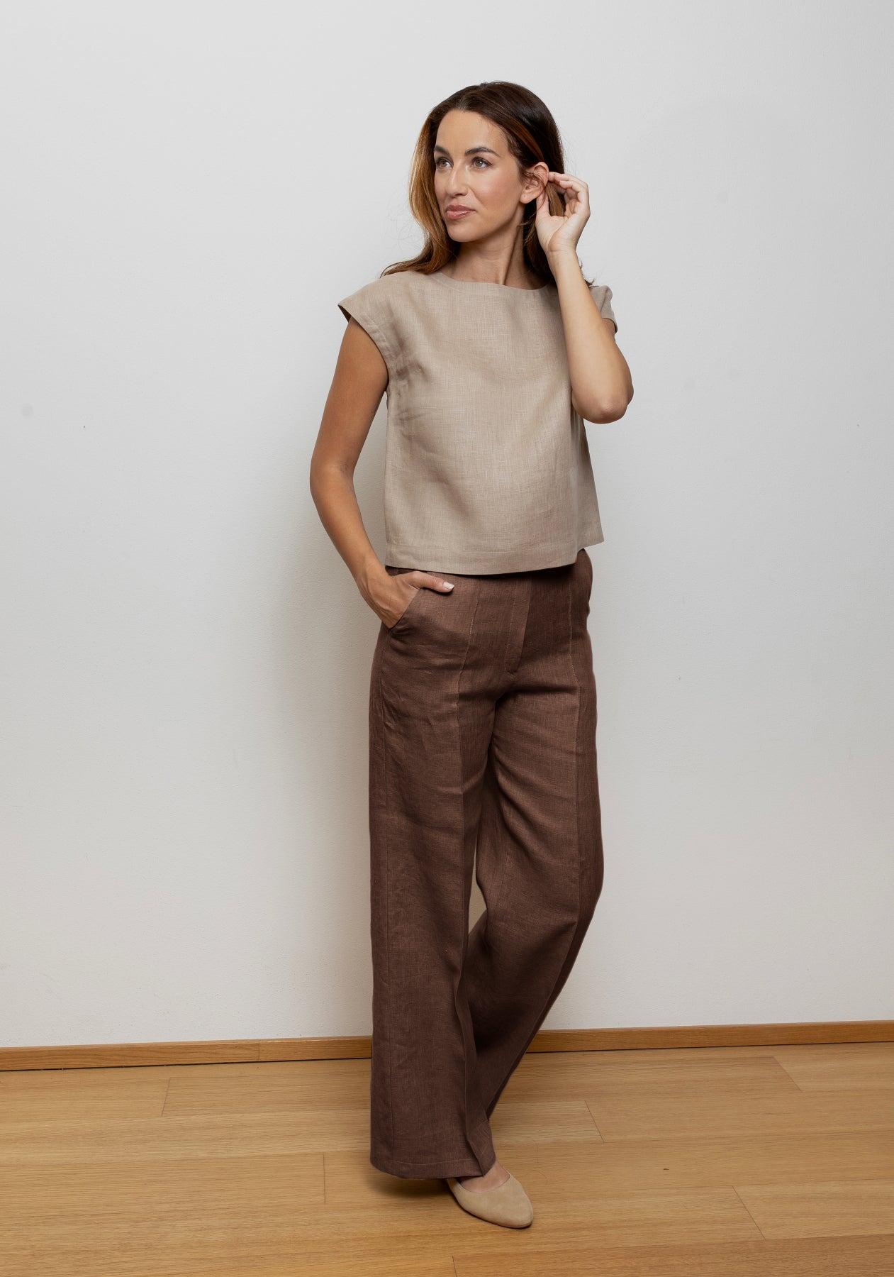 Dámské lněné kalhoty wide - Brown