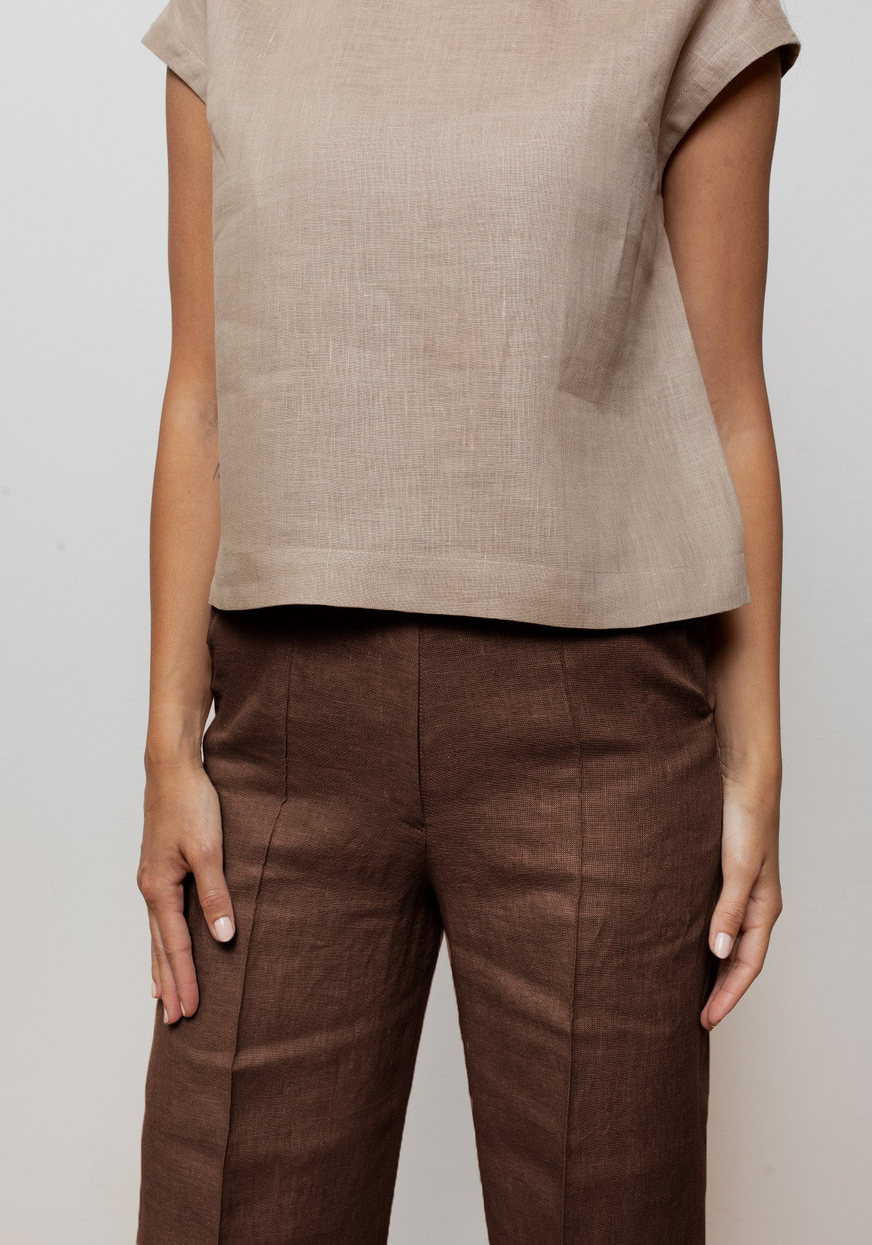 Dámské lněné kalhoty wide - Brown