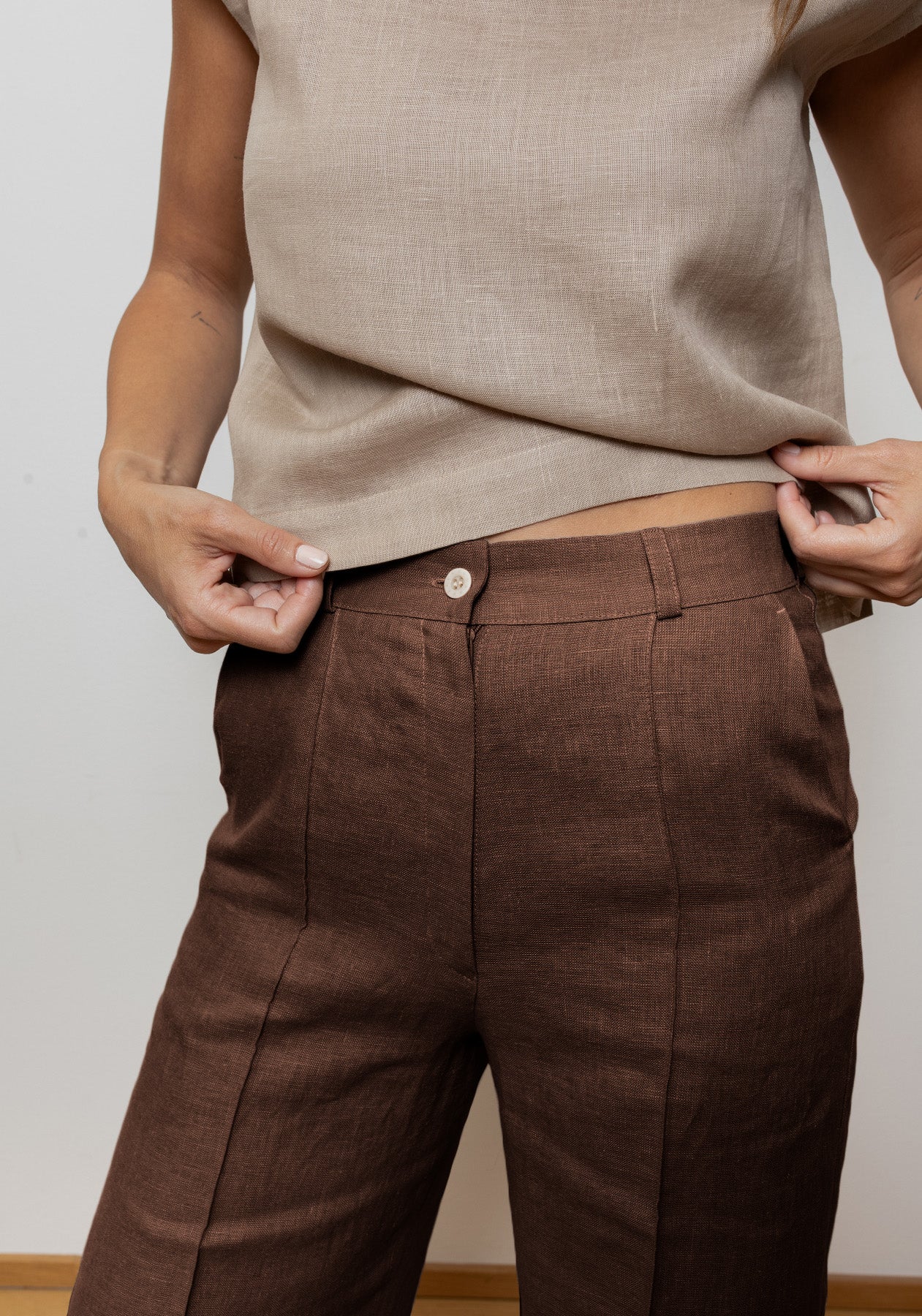 Dámské lněné kalhoty wide - Brown