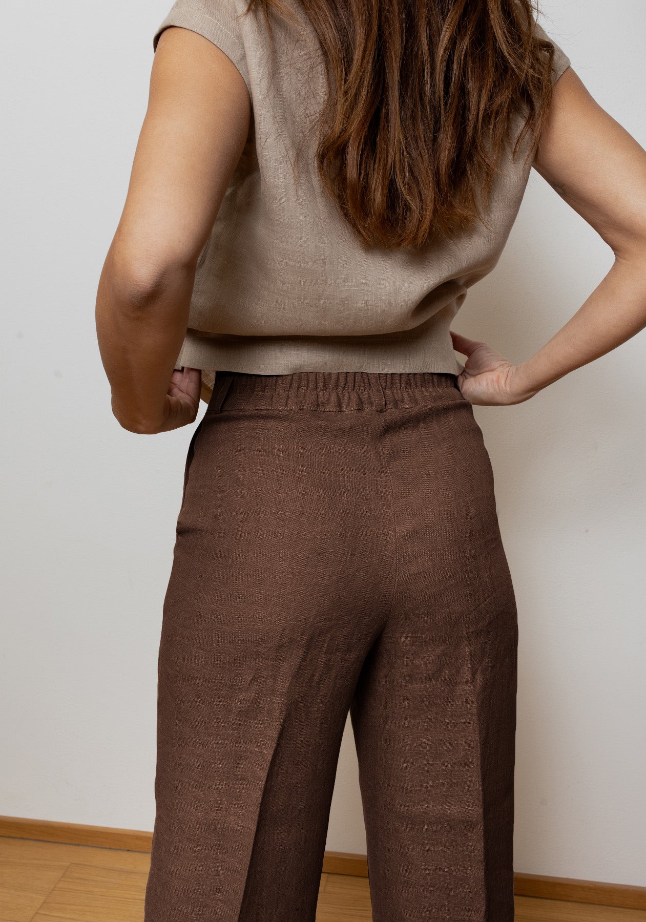 Dámské lněné kalhoty wide - Brown