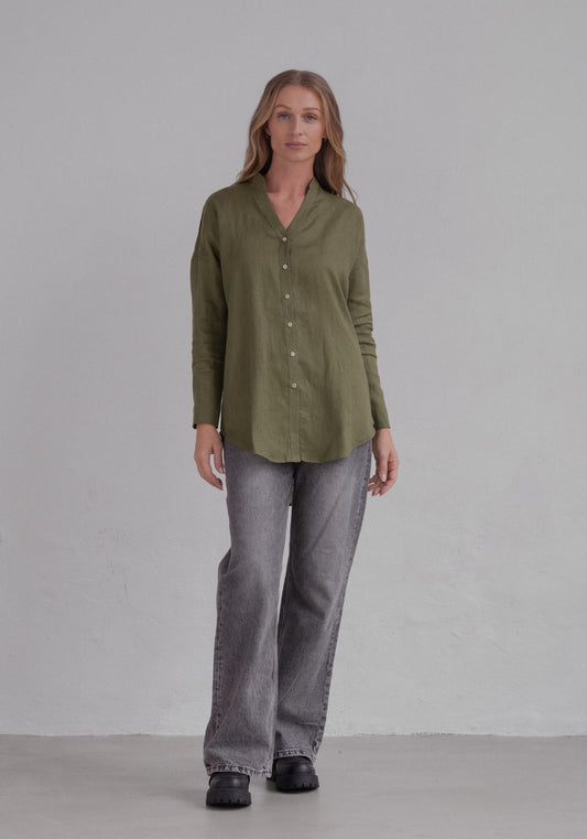 Dámská lněná košile loose fit Moss green