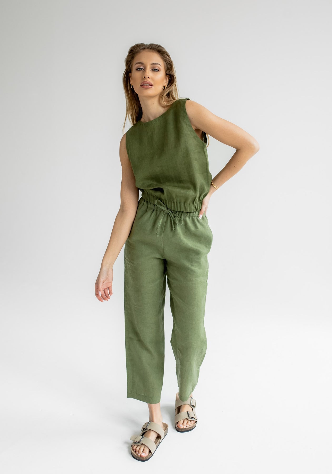 Dámský lněný crop top Moss green