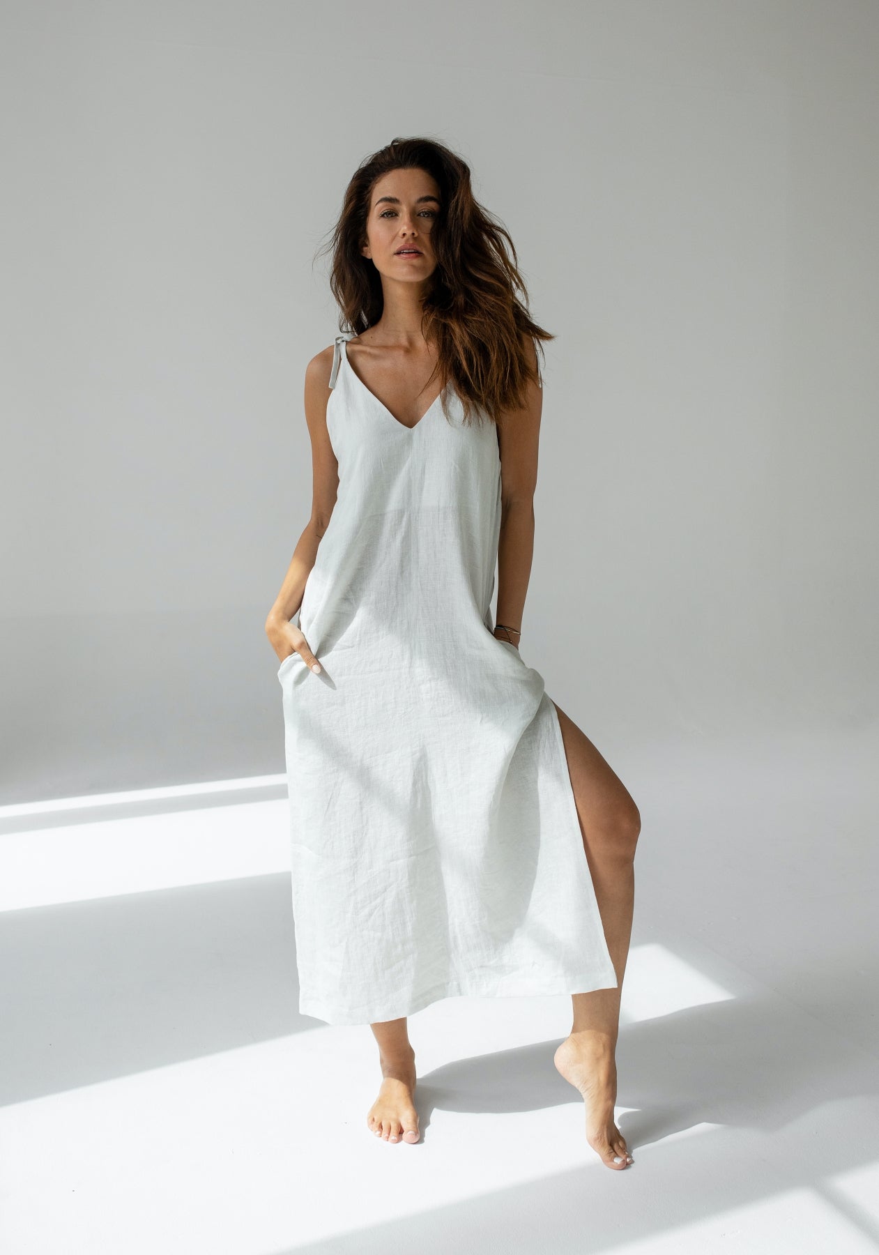 Women linen dress long loose fit Pearl gray