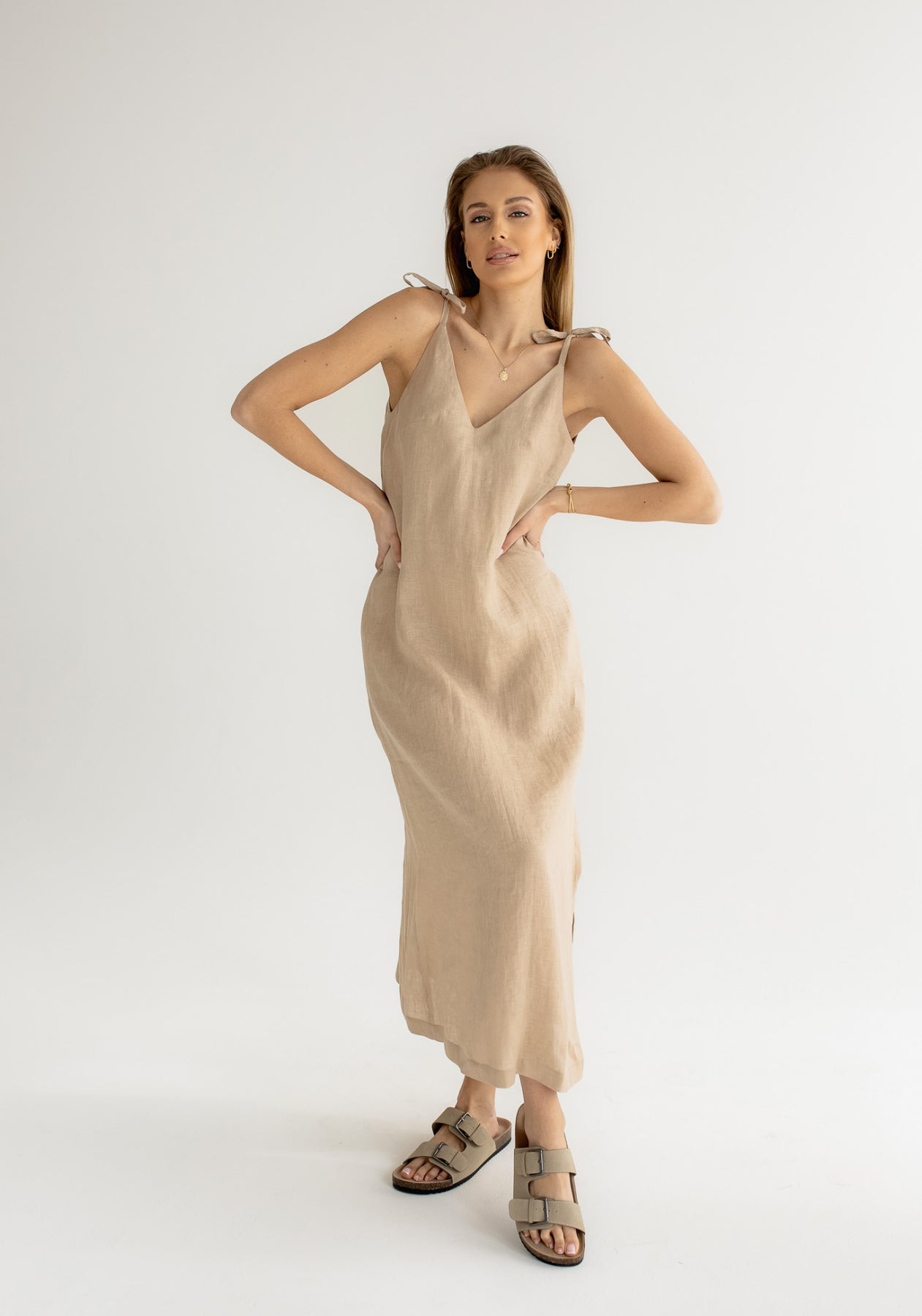 Dámské lněné šaty long loose fit Beige natural