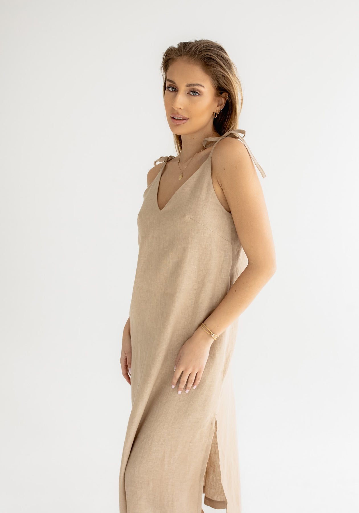 Women linen dress long loose fit Beige natural