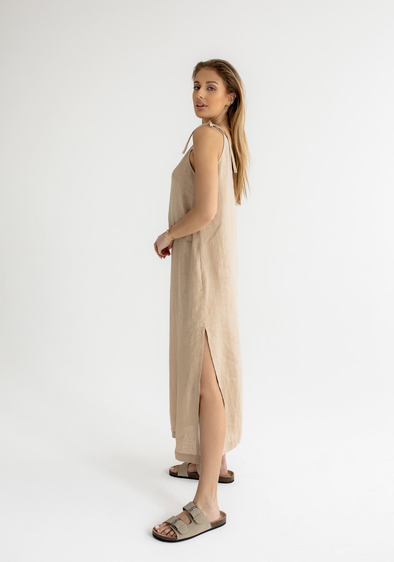 Dámské lněné šaty long loose fit Beige natural