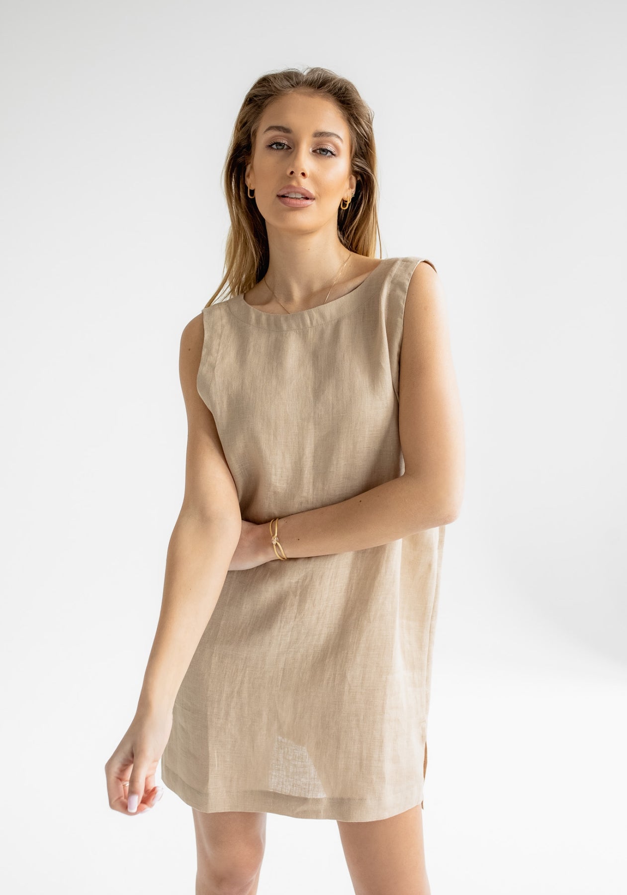 Women linen dress short regular fit Beige natural