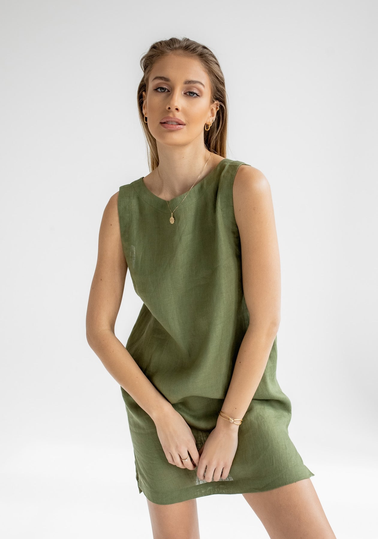 Dámské lněné šaty short regular fit Moss green