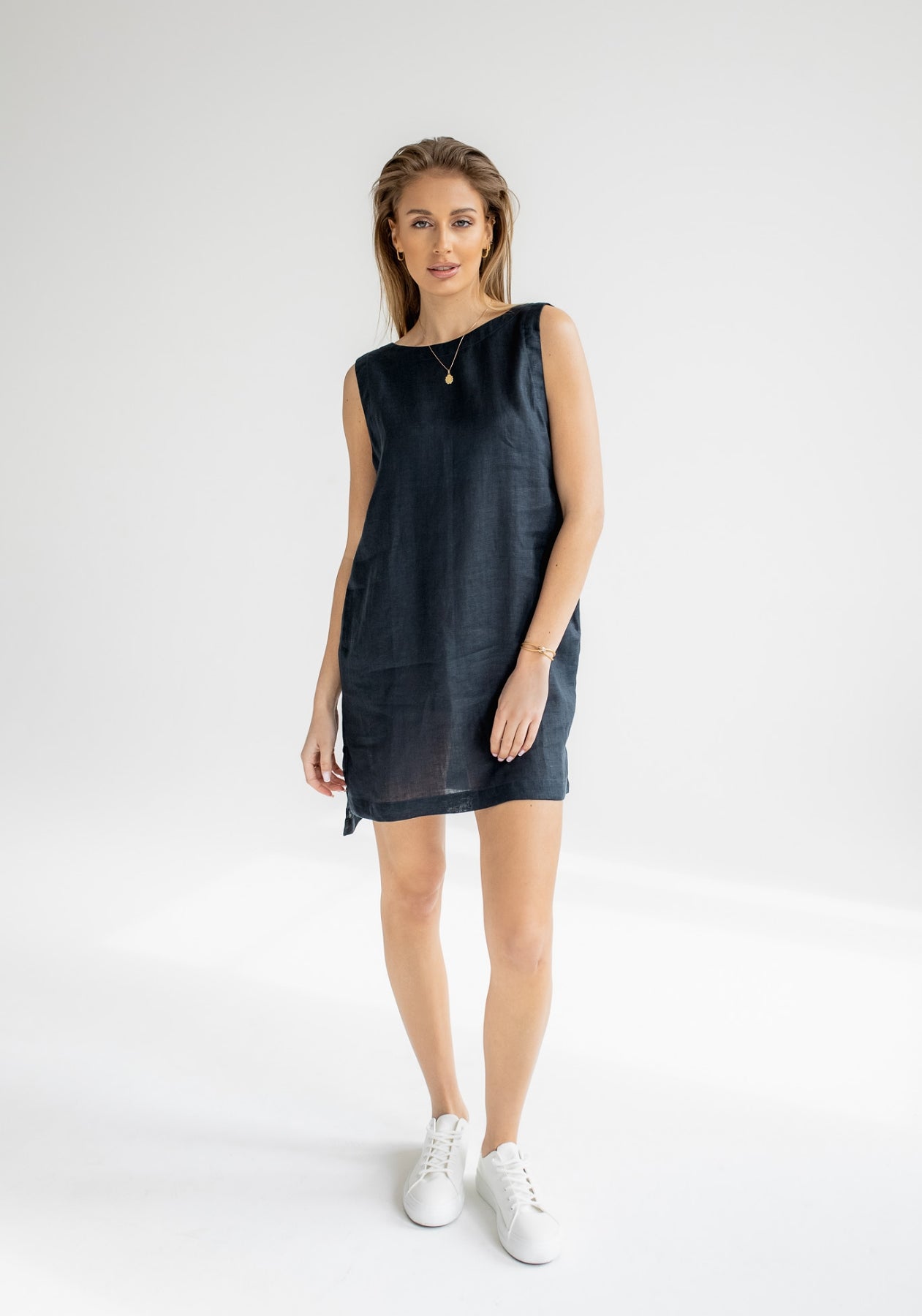 Women linen dress short regular fit Deep blue