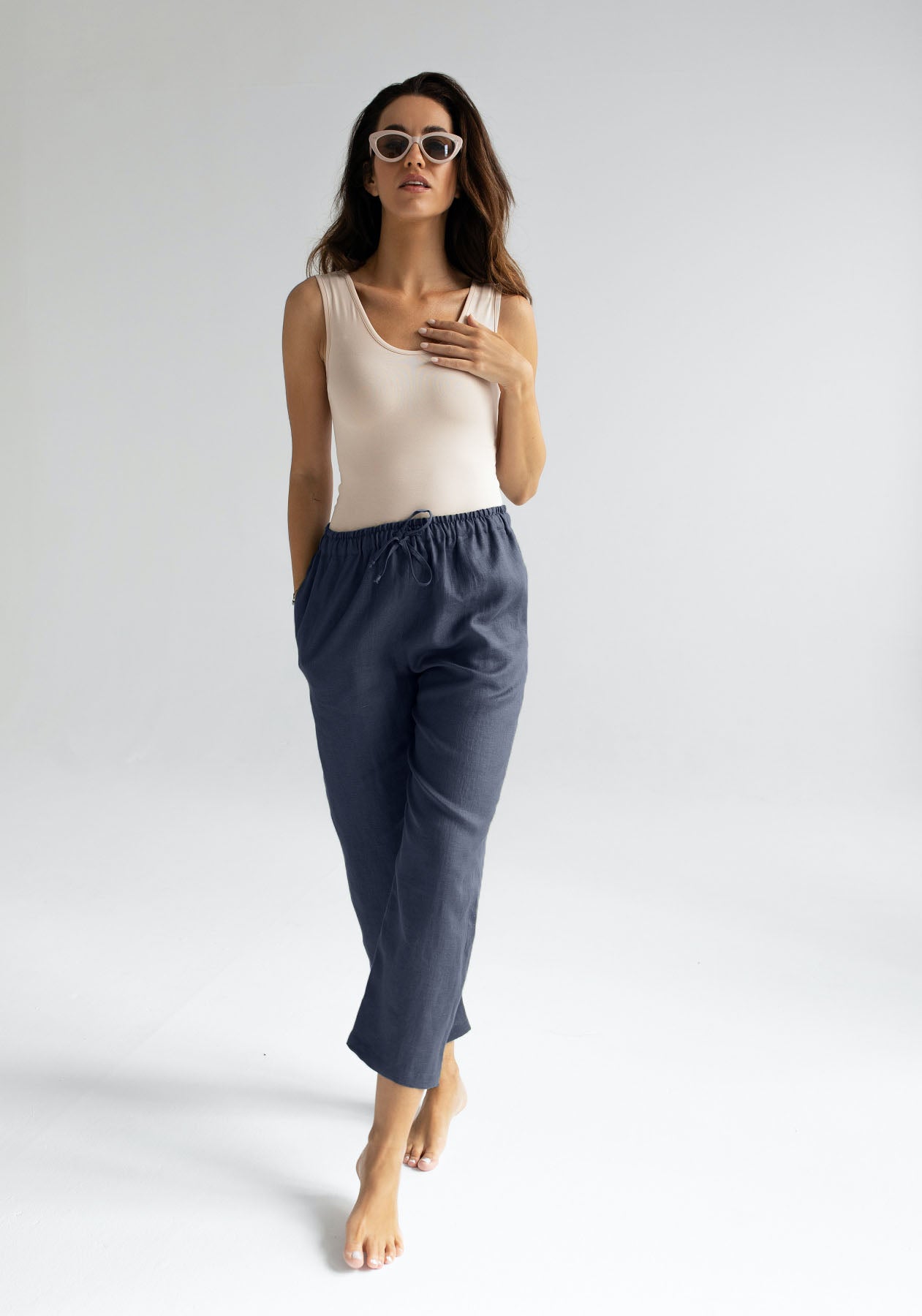 Women linen pants Deep blue