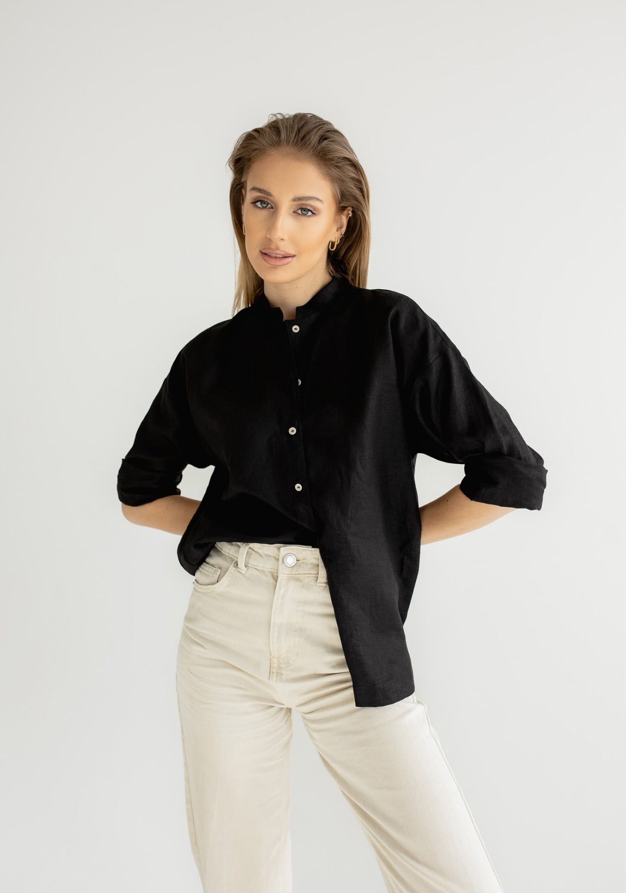 Women linen shirt regular fit Black