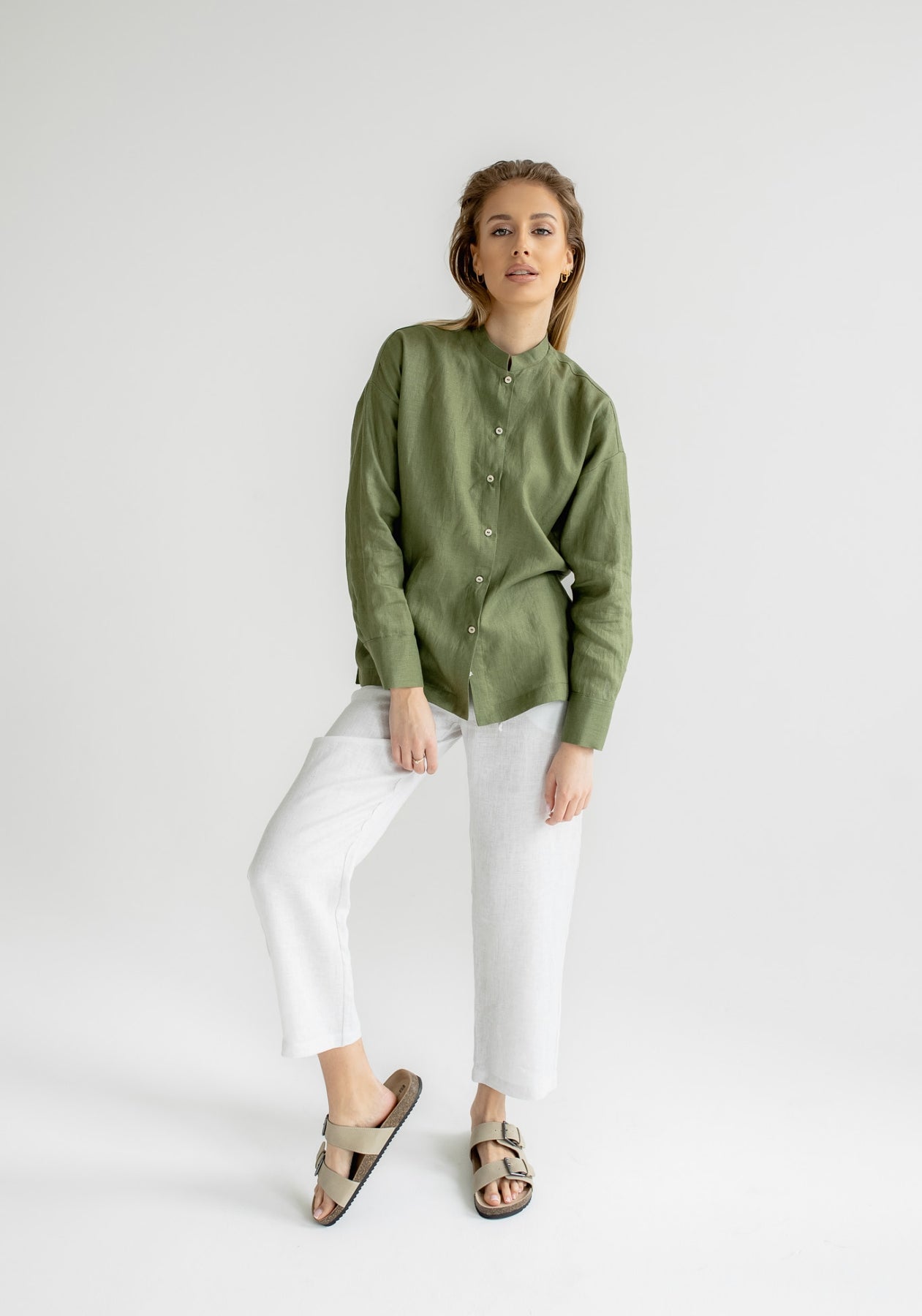 Women linen shirt regular fit Moss green