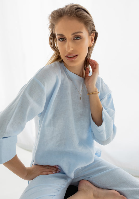 Damski lniany top s odkrytymi plecami - regular fit